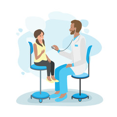 A child at a doctor's office appointment. A friendly doctor examines a child. Pediatrics. Vector illustration in flat style on a white background. - 767942482