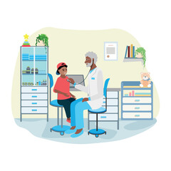 A child at a doctor's office appointment. A friendly doctor examines a child. Pediatrics. Vector illustration in flat style on a white background. - 767942485