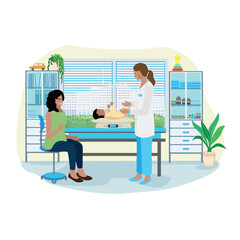 Mom with a newborn baby at a doctor's office appointment. A friendly doctor examines a child. Pediatrics. Vector illustration in flat style on a white background. - 767942486