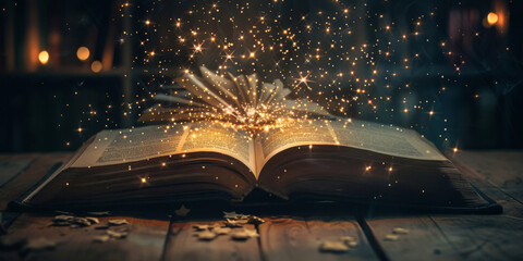  open book with pages turning into glowing light, magic book - obrazy, fototapety, plakaty