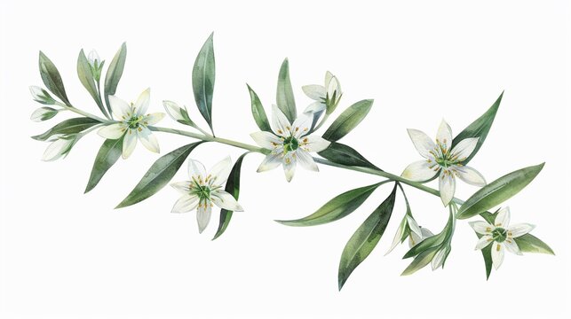 Watercolor edelweiss clipart with small white flowers and green leaves , 3D render