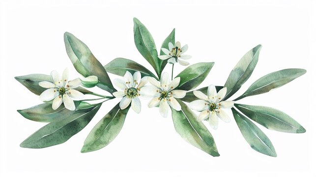 Watercolor edelweiss clipart with small white flowers and green leaves , 3D render