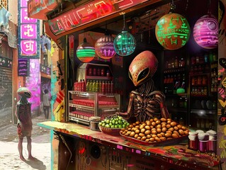 Vintage alien marketplace, selling exotic almonds, algorithmic art on display