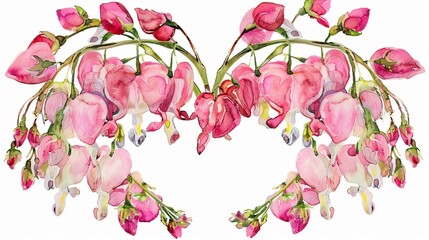 Watercolor bleeding heart clipart with heartshaped pink and white blooms ,soft shadowns
