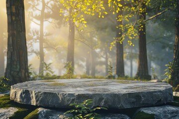 Stone podium on rock platform in forest landscape, soft light, 3D illustration