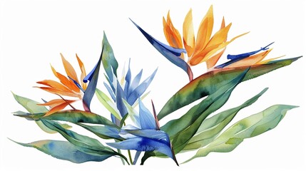 Watercolor bird of paradise clipart featuring exotic orange and blue flowers ,high resolution