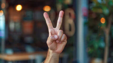 Close-up of a man's hand raising two fingers up, symbol of victory, background image. Copy space. Blurred street background, bokeh