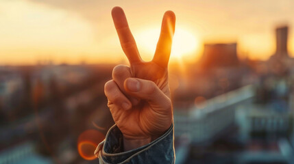 Close-up of a man's hand raising two fingers up, symbol of victory, background image. Copy space. Blurred street background, bokeh