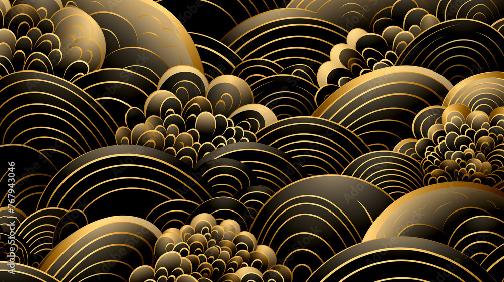 Poster Horizontal Luxury Image of Elegant Gold Pattern on Black Background in Japanese Style