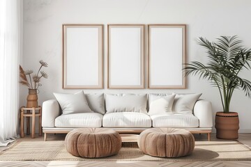Three blank wooden poster frames mockup in minimalist living room interior, 3D rendering