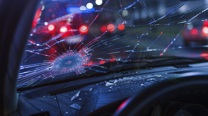 Inside shot of broken car windshield glass with police lights in the background. Car accident concept - obrazy, fototapety, plakaty