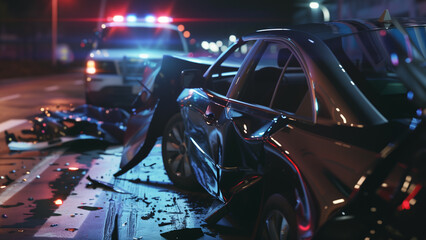 Car crash night scene with police car in the background
