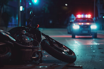 Moto bike collision at night. Motorcycle crash, night accident. Traffic police car with blue flashing lights investigate moto collision - obrazy, fototapety, plakaty