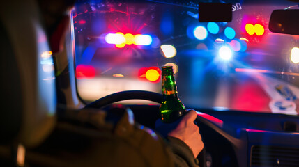 Man irresponsibly driving while holding a beer bottle, depicting the danger of drink driving. Police car with flashing strobe lights in the background