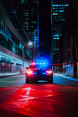 Police car with flashing lights on city street at night