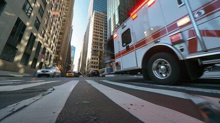 Low angle view of ambulance emergency vehicle on city street. Cars and buildings in the background