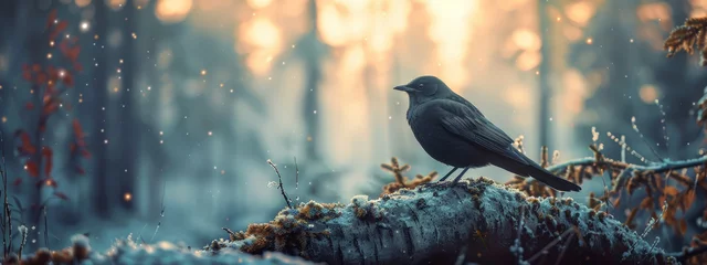Fotobehang A black bird is perched on a tree branch in the snow © Toey Meaong
