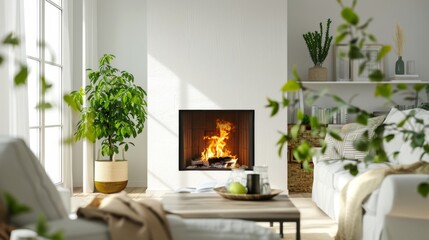 Bright and peaceful living room with a blazing fireplace, stylish furniture, and green plants creating a calm and homey atmosphere.