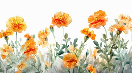 Watercolor marigold clipart with orange and yellow blooms , 3D render