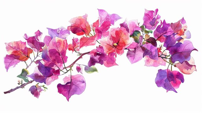 Watercolor bougainvillea clipart featuring bright pink and purple flowers , photographic style