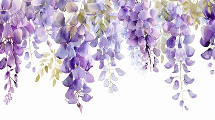 Watercolor wisteria clipart with cascading purple blooms ,soft shadowns