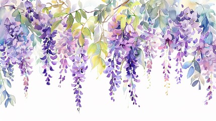 Watercolor wisteria clipart with cascading purple blooms ,soft shadowns