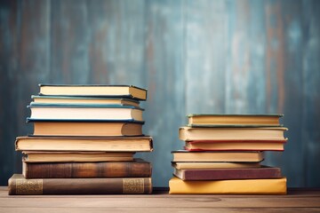 Stack of books on wooden table at the classroom. Education, study, teaching, learning, information and school concepts. - obrazy, fototapety, plakaty