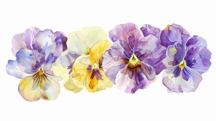 Watercolor pansy clipart in shades of purple, yellow, and white ,soft shadowns