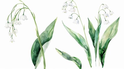 Watercolor lily of the valley clipart with small white bellshaped flowers ,4k - obrazy, fototapety, plakaty
