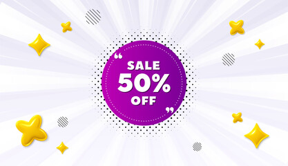 Offer sunburst ray banner. Sale 50 percent off banner. Discount sticker shape. Coupon bubble icon. Sale 50 percent chat message. Speech bubble discount with stripes. Burst text balloon. Vector