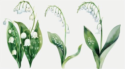 Watercolor lily of the valley clipart with small white bellshaped flowers ,4k