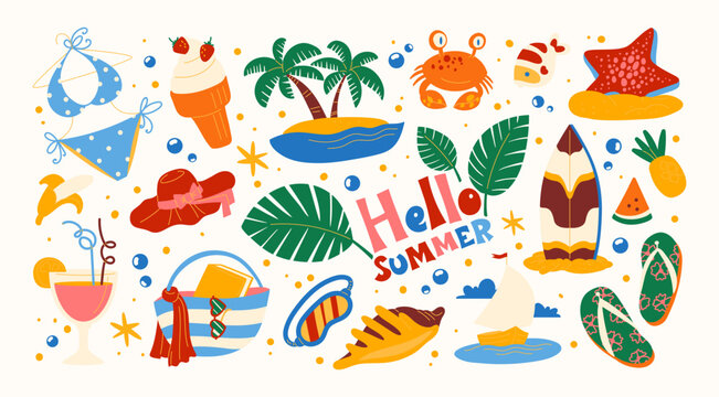 Cartoon summer beach stickers in retro 90s style. Summer party, vacation, beach season, shore, sun, swimwear. Bright groovy funky summer elements and shapes. Sticker pack of patches, labels, stamps, 