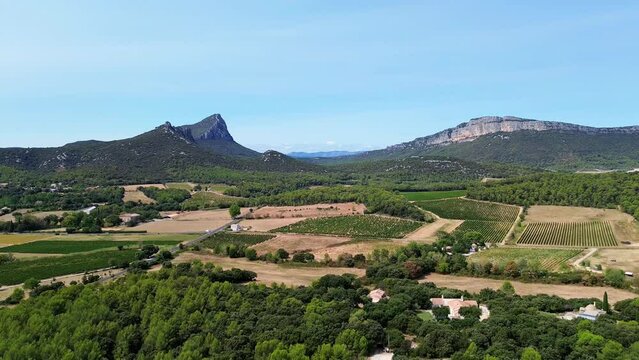 Drone footage of Pic Saint-Loup Mountain in Languedoc-Roussillon, southern France