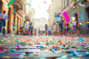 Vibrant confetti scattered on city street during festive celebration, joyful abstract background - obrazy, fototapety, plakaty