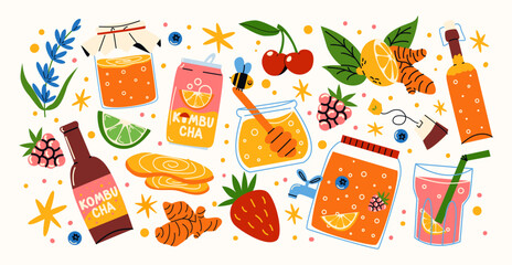 Set of kombucha, fermented homemade tea in cartoon style. Stickers with honey, healthy drink, ginger, fruit juice. Bottle, can of craft lemonade, tea