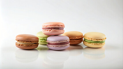 Obraz premium Colorful French macaroons arranged on a white background