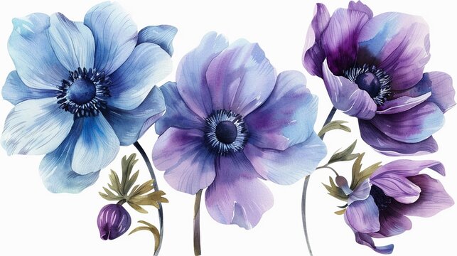 Watercolor anemone clipart featuring bold blooms in shades of purple and blue ,soft shadowns