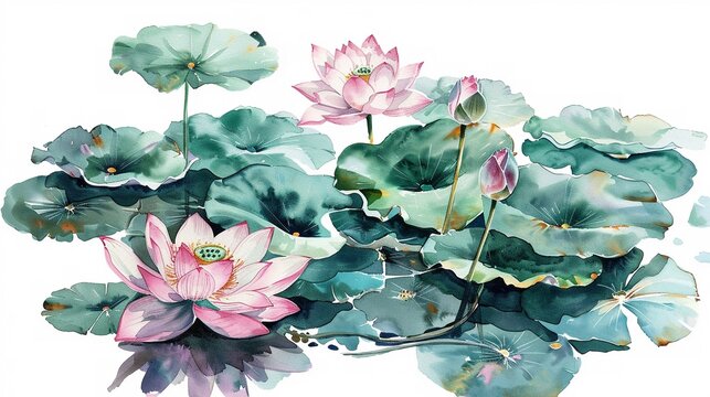 Watercolor lotus clipart with serene pink blooms and green lily pads ,clean sharp focus