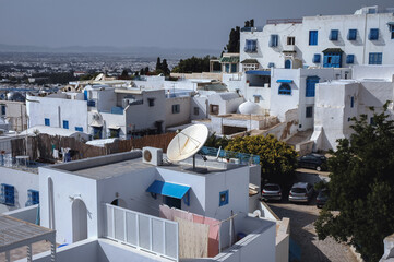 Fototapeta premium Aerial view in Sidi Bou Said town near Tunis city, Tunisia