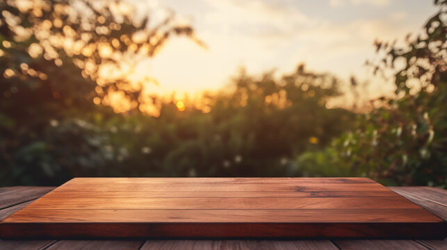 Vista Frontal De Mesa De Madera Con Un Paisaje De Fondo, Ideal Para Fotografía De Producto. Creado Con IA