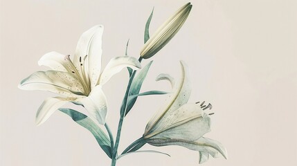 Watercolor lily clipart with elegant white petals and green stems , 3D render