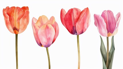 Watercolor tulip clipart in different shades of pink, red, and orange , 3D render