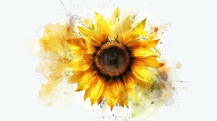 Watercolor sunflower clipart with bold yellow petals and a brown center , photographic style