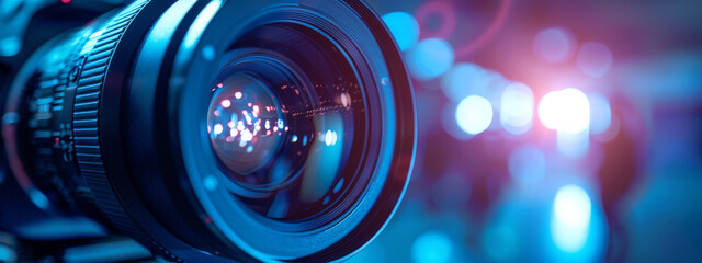 A camera lens is shown in a blue and purple background - obrazy, fototapety, plakaty