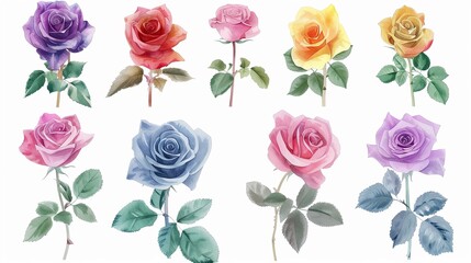 Watercolor rose clipart in various colors and angles , 3D render - obrazy, fototapety, plakaty