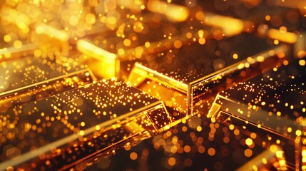 Illuminate the significance of gold in contemporary economics with a dynamic lowangle image of a digital currency symbol intertwined with shimmering gold bars