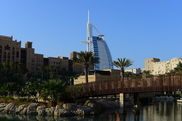 DUBAI, UAE - OCTOBER 5,2021: Burj al Arab seen from Madinat Jumeirah, Dubai. This was during the...