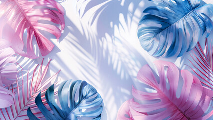Tropical leaves in pastel pink and blue hues cast soft shadows on a light background with empty copy space for text. Monstera palm leaf summer overhead backdrop