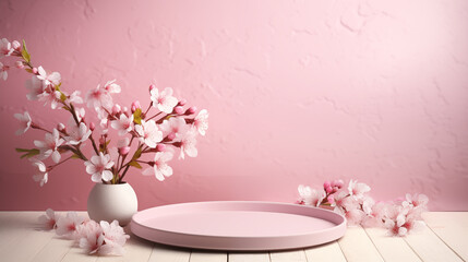 Pink empty podium , creative  mock-up. Spring sakura background. Product display table. Perfect for showcasing love-themed products. Good for advertising of perfume, cosmetics