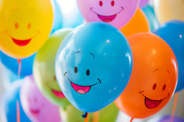 Fototapeta na wymiar Colorful bunch of balloons with unique facial happy smile expressions. Birthday card celebration concept